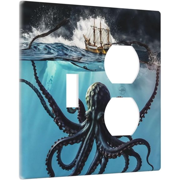 YJYASX-Decorative Outlet Covers Ocean Nautical Octopus Ship Funny Kraken 2 Gang Wall Plate Single Toggle Duplex Light Switch Cover Switch Plate Covers Faceplate for Bedroom Home Decor