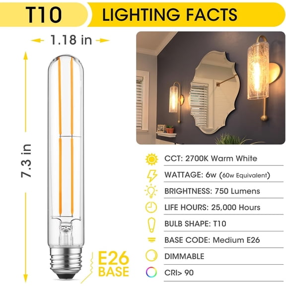 YJYASX-Dimmable E26 Light Bulb 6W Equal 60 watt LED Light Bulbs AC120V Warm White 2700K Edison 60 Watt 750LM T10 Bulb for Rustic Pendant, Industrial Pipe, Wall Sconces, Vanity, Pack of 6