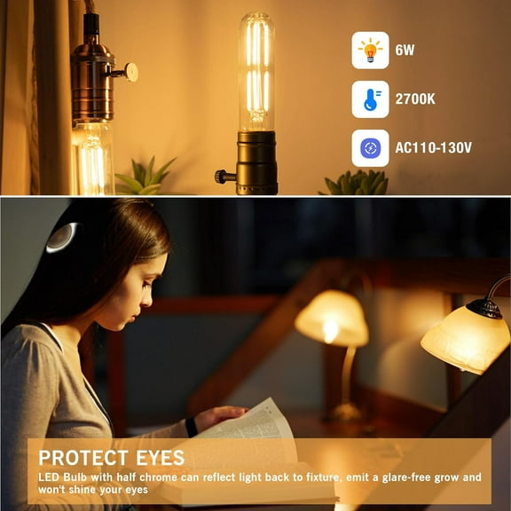 YJYASX-Dimmable E26 T10 LED Bulb Tube Light Bulbs 6W(60W Equivalent),Tubular Light Bulb Type T Long Thin Skinny Light Bulbs for Curio Cabinet,Piano Light,Chandelier,Hutch,2700K Solf White 600LM,4 Pac