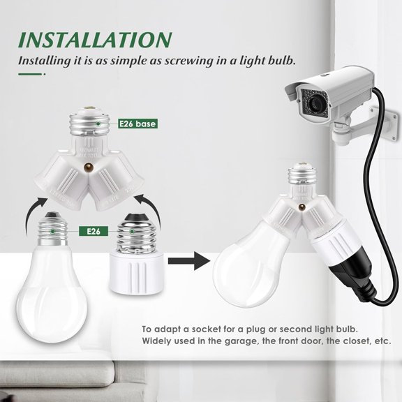 YJYASX-Double Light Socket Adapter, Dual Light Bulb Splitter, Twin Bulb Holder Converter, Add Extra Lamp in Garage Increase Camera in A Socket. UL Listed (White, 4)