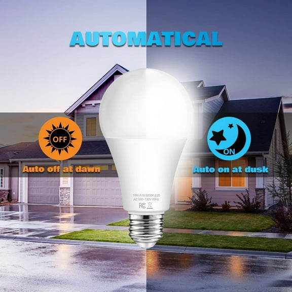 YJYASX-Dusk to Dawn Light Bulbs Outdoor 100 Watt Equivalent, 11W Automatic On/Off Sensor Light Bulb Daylight 5000K, A19 Outdoor LED Light Bulbs Photocell for Porch Garage Yard Security, E26 Base, 4-P