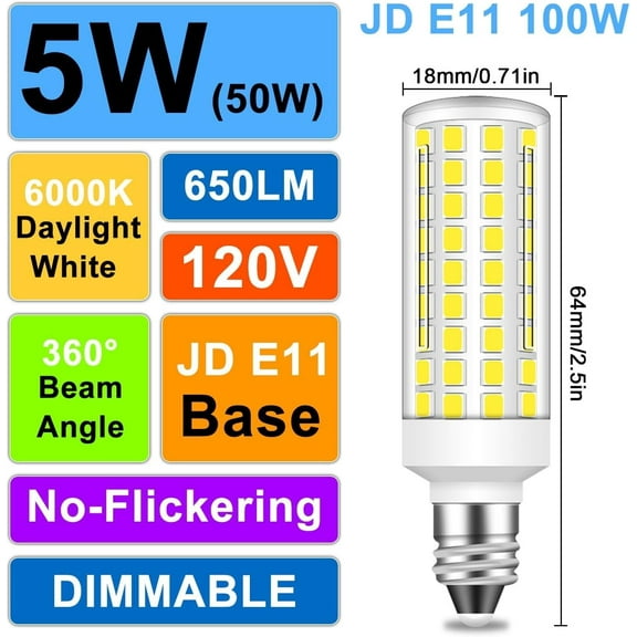 YJYASX-E11 LED Bulb Dimmable, 50W Equivalent, Daylight 6000K, T4 Mini Candelabra LED Bulb, 120V, JDE11 Base, 5W 650 Lumen, 2-Pack
