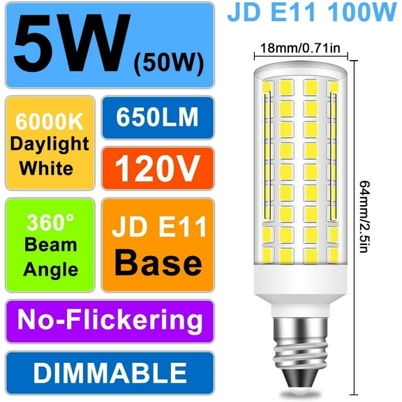 YJYASX-E11 LED Bulb Dimmable, 50W Equivalent, Daylight 6000K, T4 Mini Candelabra LED Bulb, 120V, JDE11 Base, 5W 650 Lumen, 5-Pack
