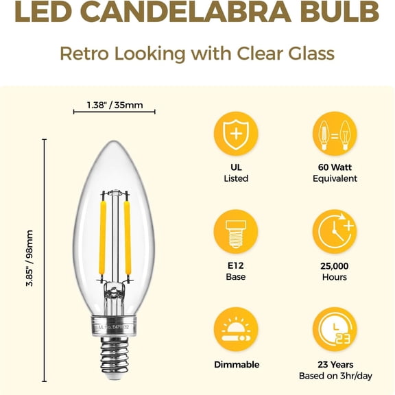 YJYASX-E12 Candelabra Bulb 60 watt Equivalent, Dimmable Chandelier LED Light Bulbs Soft White 3000K, 90+CRI 6W 550LM B10 LED Candle Bulb, Candelabra Base, UL Listed, 12 Pack