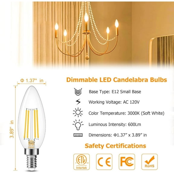 YJYASX-E12 LED Bulb Dimmable 3000K Soft White, LED Candelabra Bulbs 60Watt Equivalent, Small Base Type B Light Bulbs, Candle Shape Chandelier Light Bulbs Clear Glass, 600LM, 12 Pack