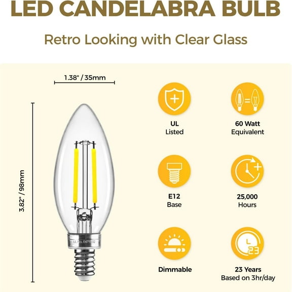 YJYASX-E12 LED Bulb Dimmable 60 watt Equivalent, Chandelier Light Bulbs 5000K Daylight, Candelabra Light Bulbs, B11 LED Light Bulb, 90+CRI, 6W 550LM, UL Listed, 24 Pack