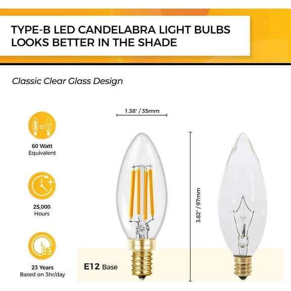 YJYASX-E12 LED Bulb Dimmable 60W Equivalent, Chandelier Light Bulbs Soft White 2700K, Candelabra Light Bulbs 90+CRI 6W 550LM B11 LED Candle Bulb with Candelabra Base, UL Listed, 6 Pack