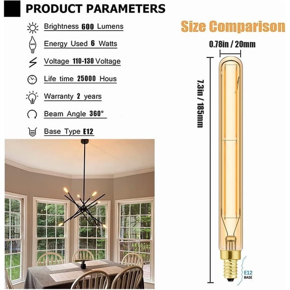 YJYASX-E12 LED Long Bulbs, 7.3Inch Edison Light Bulbs Amber Warm White 2500K,600lm, 60W Candelabra Incandescent Bulbs Equivalent Vintage LED Filament Edison Candle Bulb with Decorative, 6Pack.