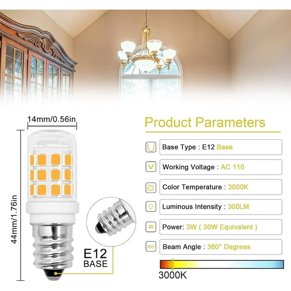 YJYASX-E12 LED Small Light Blub,3W Equivalent 25-30W Incandescent, 3000K Warm White LED Candelabra Base Bulbs,120V 300LM Non-Dimmable for Chandelier,Dryer Lamp, 6 Pcs
