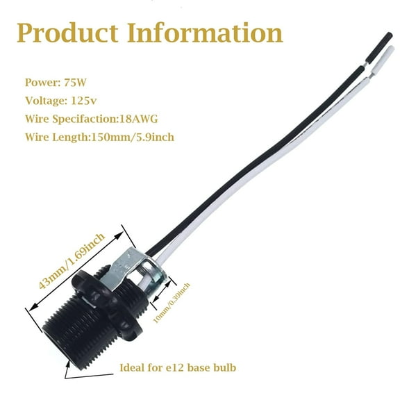 YJYASX-E12 Lamp Holder-Candelabra Base Lamp Holder-Light Socket,Candelabra Base (E12) Phenolic Socket with 6" Leads (3, External Threads, with Ring and Hickey)
