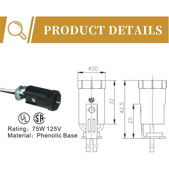 YJYASX-E12 Lamp Holder with 6 Inch Wire Lead,Keyless Candelabra Base Light Socket for E12 Base LED Light Bulb (6-Pack)