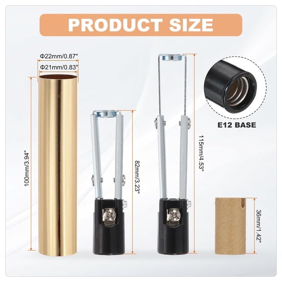 YJYASX-E12 Length Adjustable Candle Bulb Socket, 6 Set Candelabra Base Bulb Holder with 4" Gold Tone Metal Candle Cover Sleeves Cardboard Insulator, Black