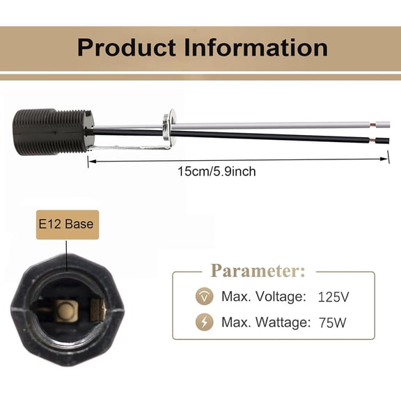YJYASX-E12 Light Socket,Candelabra Base Lamp Holders for E12 Incandescent LED Light Bulb,2.75 Inch Height, 6 Inch Wire Lead, 6-Pack (Threaded)