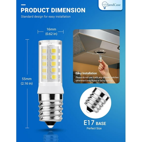 YJYASX-E17 LED Bulbs, Microwave Oven Light Bulbs 40 Watt Equivalent Non-Dimmable, Warm White 3000K Under Microwave Light Bulb, E17 Appliance Bulbs Replacement for Refrigerator, Stove Hood, 2 Pack