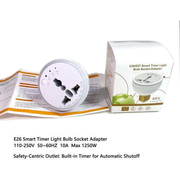 YJYASX-E26/E27 Socket to Outlet Adapter with Timer & Night Light, 1250W Universal Electrical Outlet Converter, Supports US/EU/UK/in Plugs (Type A/B/C/D), 110-250V, 3 Auto-Off Timer Settings