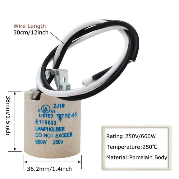 YJYASX-E26 Light Socket, JX-970F E26 Socket Ceramic Standard Medium Screw Socket E26 E27 Bulb Lamp Holder with Wire Lead for Halogen Incandescent LED Light Bulb (6) Pack.