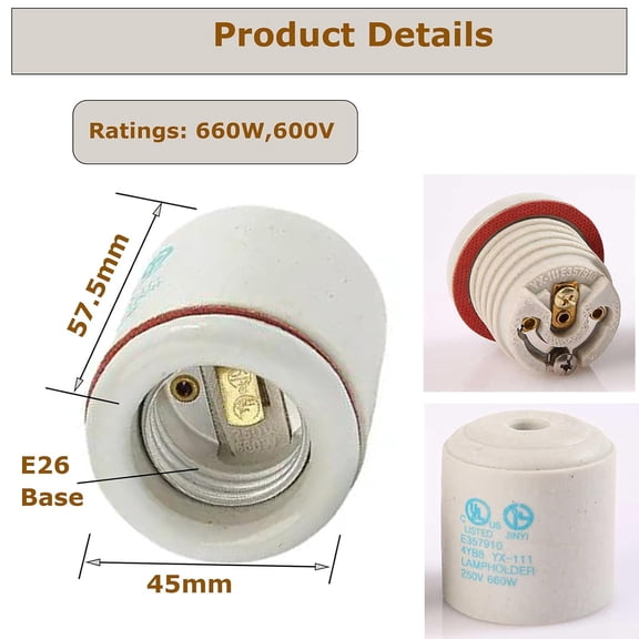 YJYASX-E26 Medium Base Keyless Porcelain Lampholder, Incandescent E26 Base Clamp Lamp Socket (with Porcelain Cover)