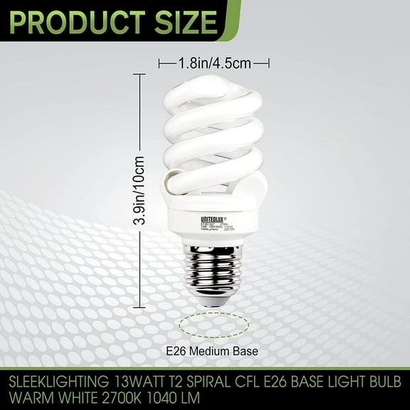 YJYASX-E26 Spiral CFL Light Bulbs Medium Base 13Watt (60Watt Equivalent) Soft White 2700K, 1040Lm Non-dimmable Compact Fluorescent Light, (3 Pack)