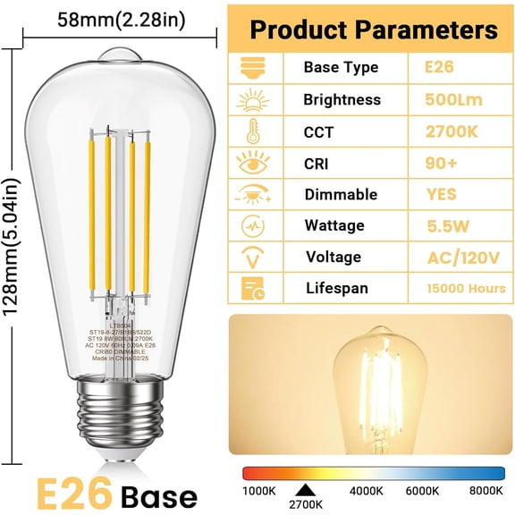 YJYASX-Edison Bulbs, Dimmable 5.5W 500lms Vintage LED Light Bulbs, Warm White 2700K, Equivalent 60W Incandescent ST19 Lightbulbs, 90+ CRI, E26 Base, Clear Glass, 6 Pack