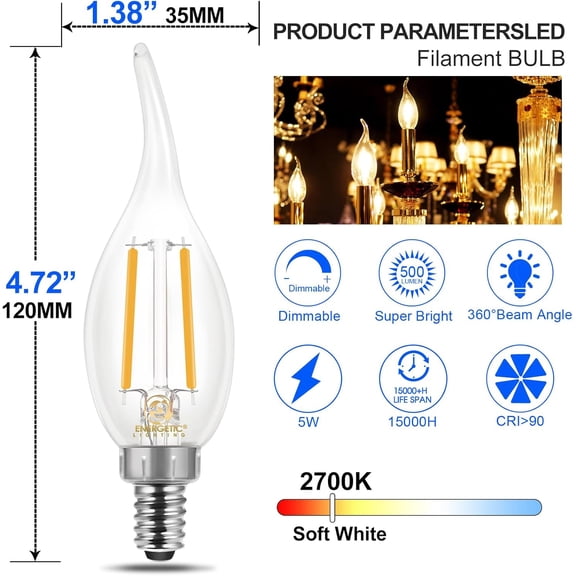 YJYASX-Energetic 12 Pack Dimmable Candelabra Led Light Bulb, CA11 Shape,Flame Tip Style, 60 Watt Equivalent, 2700K Soft White, E12 Base, Led Candelabra Bulb,CRI 90+, Halloween Christmas Decoration