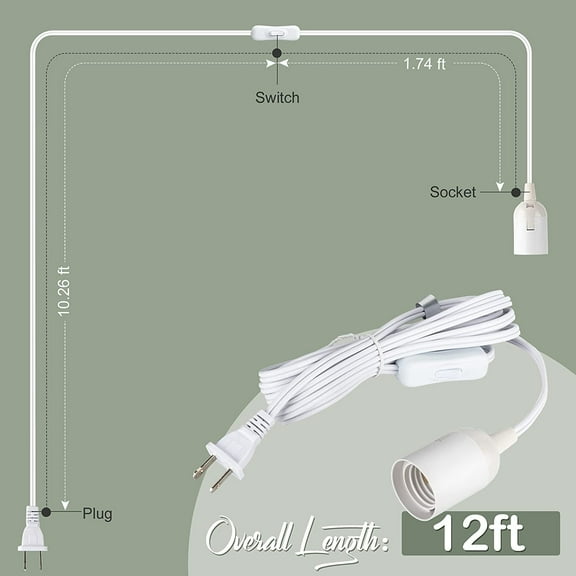 YJYASX-Extension Hanging Lantern Cord Cable UL 12Ft E26 E27 Socket On/Off Switch Plug in Pendant Lighting for Kitchen Bedroom Plant Growth Light