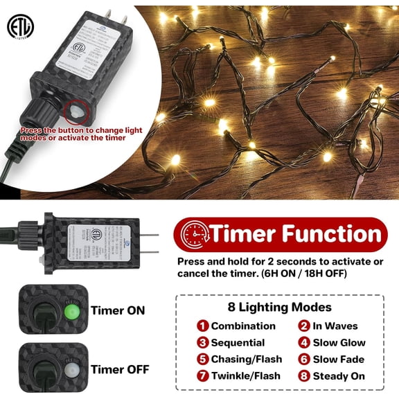 YJYASX-Extra Long 132FT Christmas Decorative Mini Lights, 400 LED Green Wire Fairy Starry String Lights Plug in, Timer & Memory & 8 Modes, for Indoor Outdoor Xmas Tree Wedding Party Decoration,Warm W