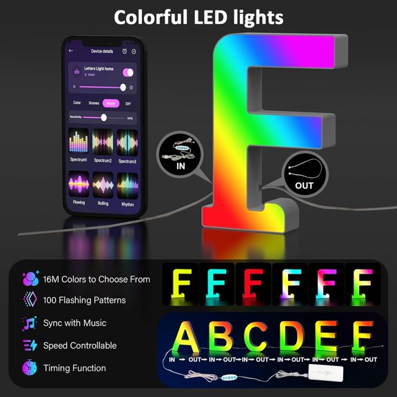 YJYASX-F LED Marquee Sign USB APP Control Alphabet Letter Light with Music Sync, Fun Shelf Decor for Family Party or Teen Room