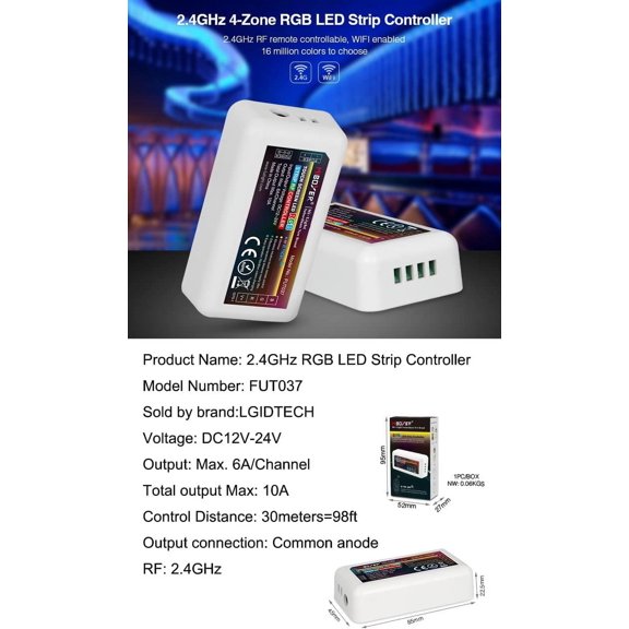 YJYASX-FUT037 Miboxer RGB LED Strip Light 2.4GHz RF Wireless 4-Zone Controller Receiver Box,Used to 5050 2538 3528 LED Strips Light.Work with FUT096 B3 WL-Box1 Gateway,Compatible with Alexa via hub