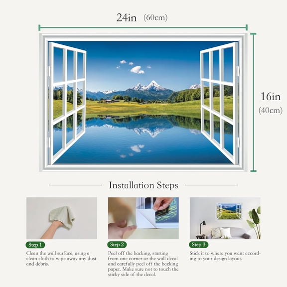 YJYASX-Fake Window for Walls Faux Window Decal Windows Poster Picture Open Window Wall Art Decor, Stick and Peel Wallpaper Nature Wall Decol Blue Lake Scene Mural, 16"x24"