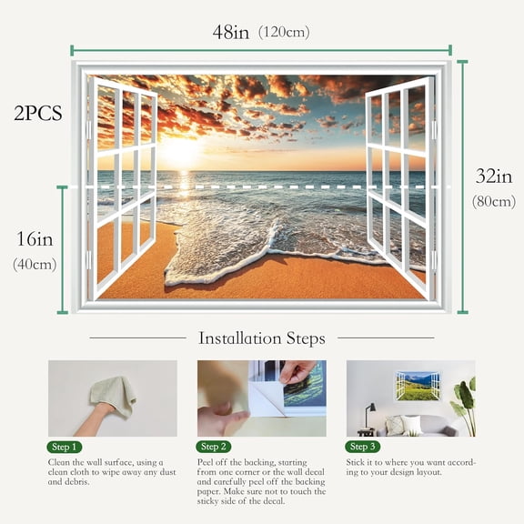 YJYASX-Fake Window for Walls Faux Window Decal Windows Poster Picture Open Window Wall Art Decor, Stick and Peel Wallpaper Nature Wall Decol Cloud Beach Scene Mural, 32"x48"