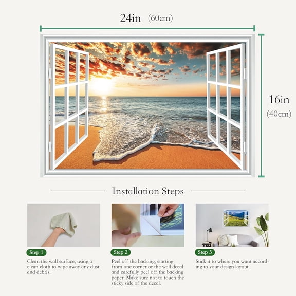 YJYASX-Fake Window for Walls Faux Window Decal Windows Poster Picture Open Window Wall Art Decor, Stick and Peel Wallpaper Nature Wall Decol Cloud Beach Scene Mural, 16"x24"