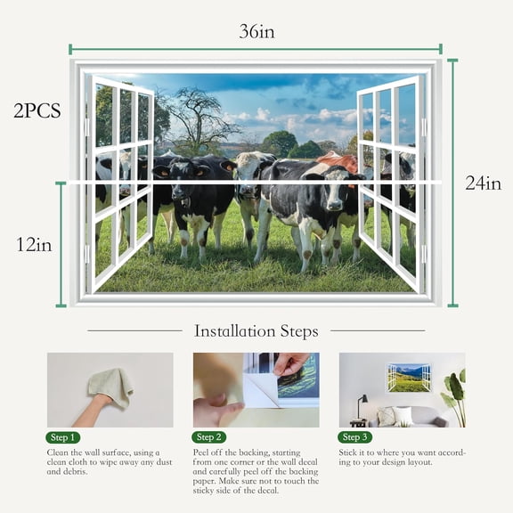 YJYASX-Fake Window for Walls Faux Window Decal Windows Poster Picture Open Window Wall Art Decor, Stick and Peel Wallpaper Nature Wall Decol Cows Scene Mural, 24"x36"