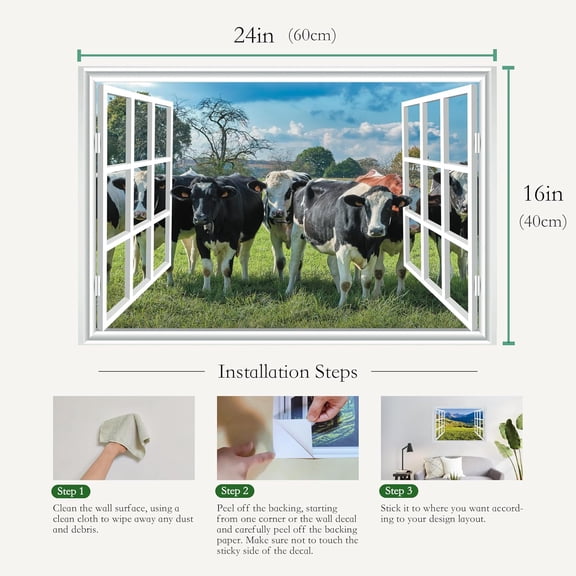 YJYASX-Fake Window for Walls Faux Window Decal Windows Poster Picture Open Window Wall Art Decor, Stick and Peel Wallpaper Nature Wall Decol Cows Scene Mural, 16"x24"