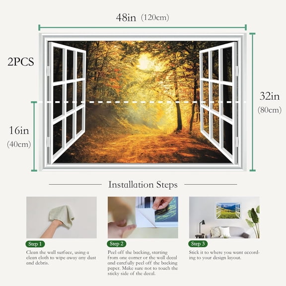 YJYASX-Fake Window for Walls Faux Window Decal Windows Poster Picture Open Window Wall Art Decor, Stick and Peel Wallpaper Nature Wall Decol Golden Forest Scene Mural, 32"x48"