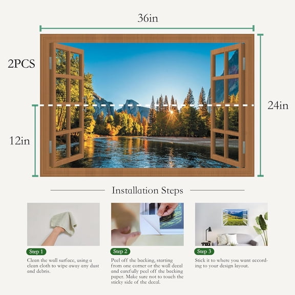 YJYASX-Fake Window for Walls Faux Window Decal Windows Poster Picture Open Window Wall Art Decor, Stick and Peel Wallpaper Nature Wall Decol Lake Scene Mural, 24"x36"