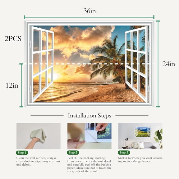 YJYASX-Fake Window for Walls Faux Window Decal Windows Poster Picture Open Window Wall Art Decor, Stick and Peel Wallpaper Nature Wall Decol Palms Beach Scene Mural, 24"x36"