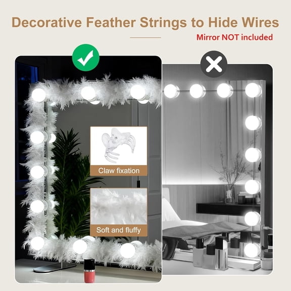 YJYASX-Feathered Vanity Light with 14 LED Bulbs for Mirror, Removable Feather String to Hide Wire, Plug in Power Adapter & Touch Dimmer, 6,000K, 1,350 Lumens (Mirror NOT Included)
