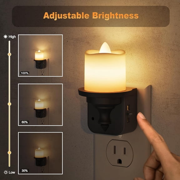 YJYASX-Flameless Candle Night Light, 2 Pack Night Lights Plug into Wall, 3000K Soft White, 0-100LM Dimmable Nightlight, Dusk to Dawn Sensor Light for Dinning Room, Living Room, Bathroom, Hallway