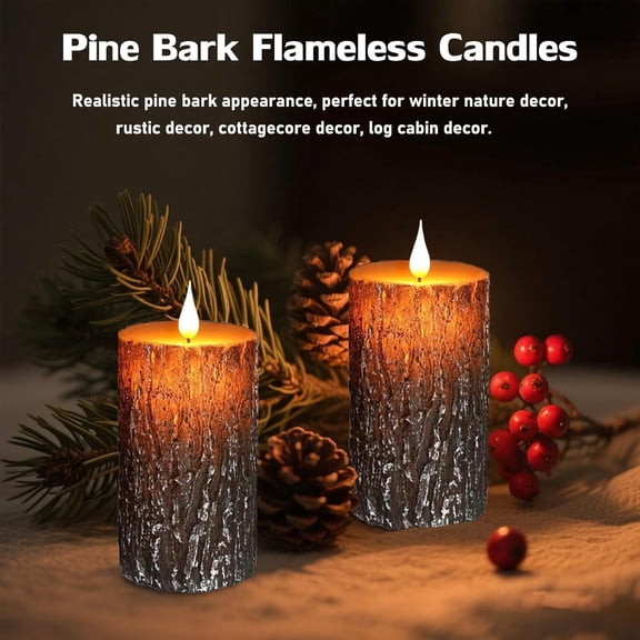 YJYASX-Flameless Candles Lights, Set of 2 6"x3" Pine Bark Flickering LED Candles with Remote & Timer, Dimmable Pillar Candles Battery Operated, Real Wax Electric Candle for Christmas Winter Home Deco