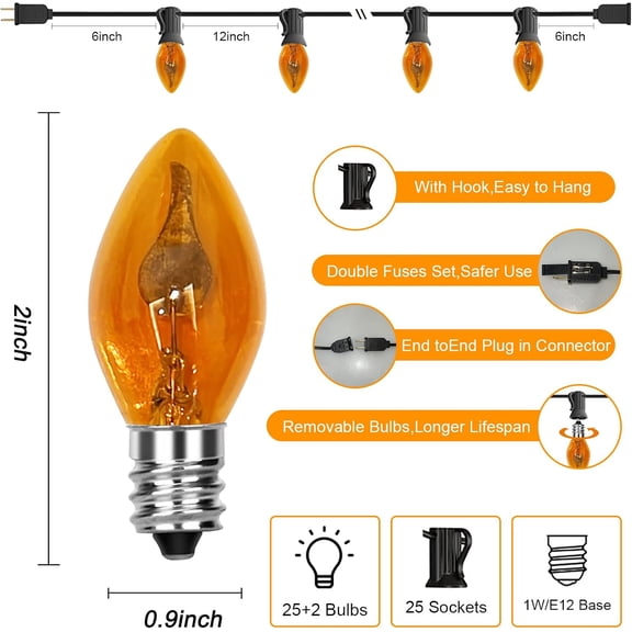 YJYASX-Flickering Flame String Lights, 25Ft C7 Orange Halloween String Lights, Orange Flicker Flame Lights for Outdoor and Indoor Decor, Halloween Lighting for Party Decorations