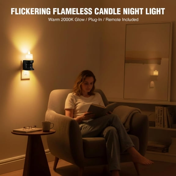 YJYASX-Flickering Flameless Candle Night Light Plug in, Dimmable LED Nightlight with Dusk to Dawn Sensor, Decorative Candle Light for Bedroom, Hallway, Bathroom(1 Pcs,Warm Yellow & Black Base)