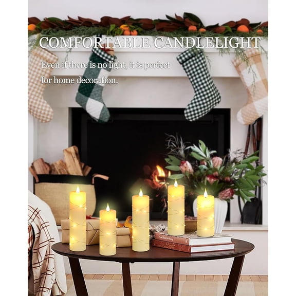 YJYASX-Flickering Flameless Candles with Embedded String Lights, Battery Operated Candles with Remote Control and Timer,LED Candles for Home Decoration,Real Wax, 5 Pack Ivory