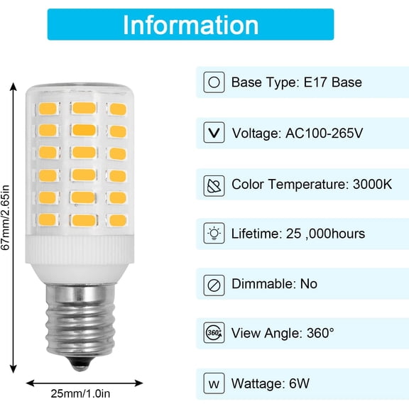 YJYASX-Freezer LED Light Bulb Kei D28a Kel2811 KEI D28X E17 Intermediate Base 6W 3000K Soft White 820LM Bright 100-265V Refrigerator Bulb Waterproof for Kitchen Stovetop Lights Chandelier Lighting (2