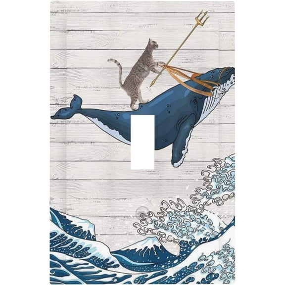 YJYASX-Funny Cat Riding Whale Single Toggle Wall Plates Sea Wave on Wood 1 Gang Light Switch Cover Switchplate Covers Decorative for Bedroom Kidroom Bathroom Decor
