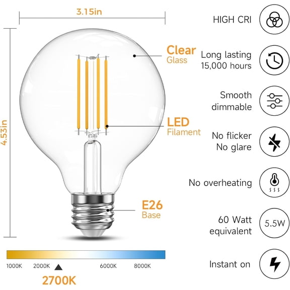 YJYASX-G25 Globe Light Bulbs, LED Edison Vanity Light Bulbs, Dimmable, 2700K Warm White, 500 Lumens, 5.5W=60W, CRI80, Clear Vintage Filament Globe, E26 Base, 4 Pack