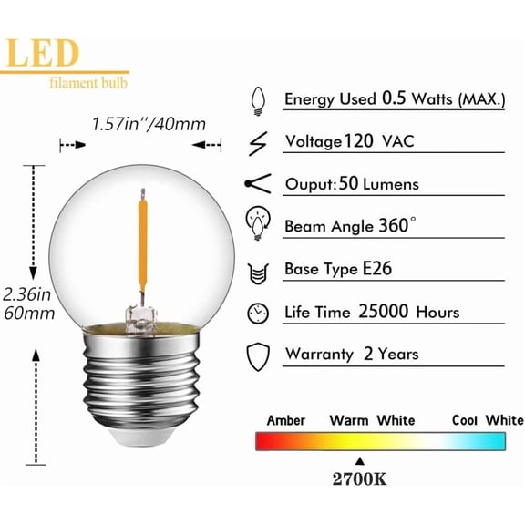 YJYASX--G40/G12.5 LED Filament Mini Globe Light Bulbs 0.5W Equivalent to 5 Watt Incandescent - E26 Medium Base 2700K Warm White for Home Decorate 50Lumens - 6Pack (Clear Glass)