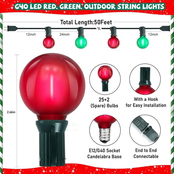 YJYASX-G40 LED Outdoor Christmas String Lights 50FT Hanging Globe String Light with 27 LED Shatterproof Frosted Red Green Lights(2 Spare), Waterproof Patio String Lights for Balcony Backyard Pergola