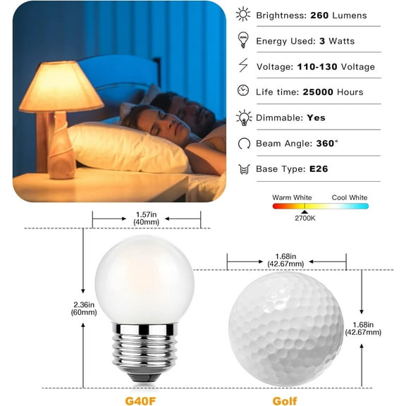YJYASX-G40 Led Low Wattage Bulb 3W Equivalent 25 Watt Light Bulbs, Standard E26 Small Power, Frosted, Warm White 2700K, Dimmable for Bathroom Bedside Accent Lamps Appliance Bulb Refrigerator Pack of