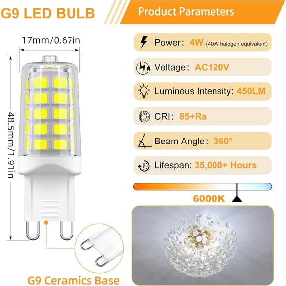 YJYASX-G9 LED Bulb, Daylight White 6000K, 4W G9 Base Light Bulbs, 40W T4 Halogen Equivalent, Bi Pin Base G9 Chandelier Lighting, No-Flicker 360Beam Angle, 120V 450LM, 12-Pack