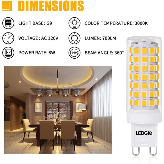 YJYASX-G9 LED Bulbs Warm White, 8W G9 LED Light Bulbs 80W Halogen Equivalent, 88LEDS, 360Beam Angle, 700LM 3000K No-Flicker, Non-dimmable G9 Bi Pin Base Bulbs for Chandeliers Home Lighting (6 Pack)